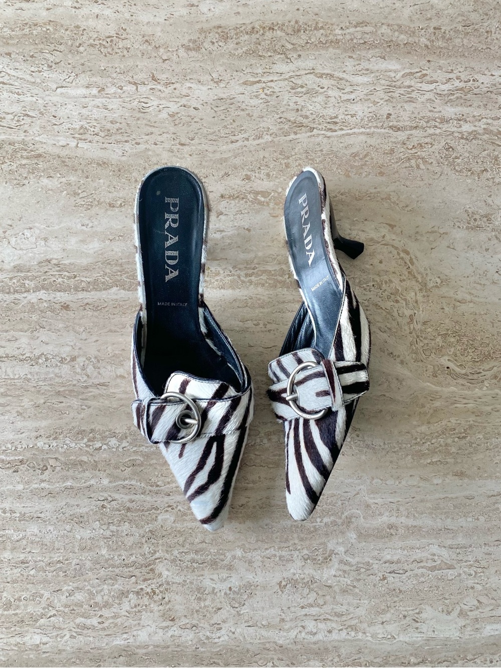 Vintage Prada Zebra Pony Hair Buckle Mule Heels - Picture 2 of 10